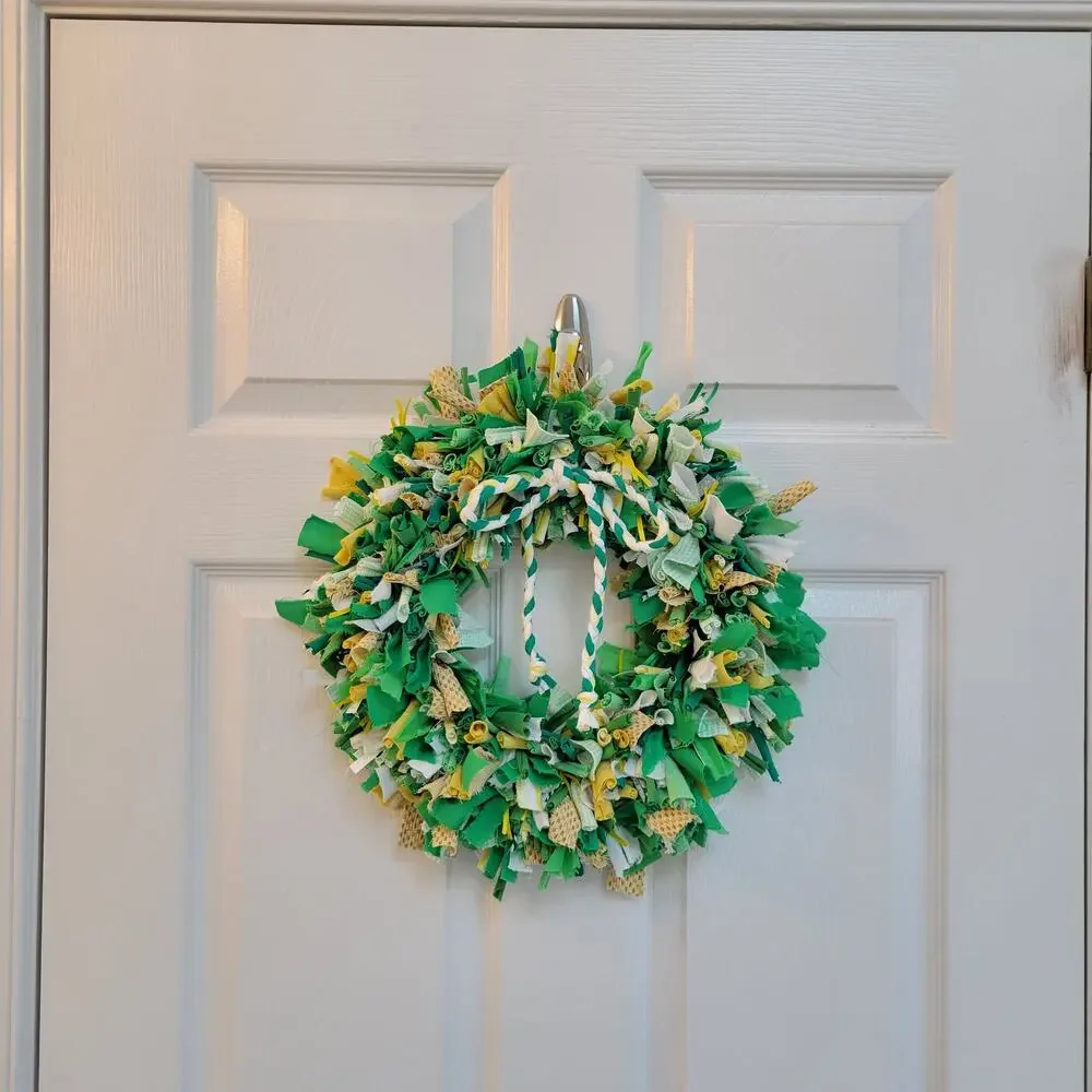 Handcrafted Upcycled Small Spring Fabric Wreath Green, Yellow, White, 14